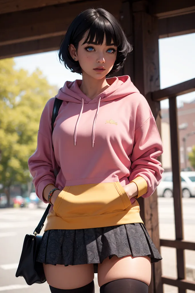 The image is a digital painting of a young woman with short black hair and blue eyes. She is wearing a pink and yellow hoodie, a black skirt, and black stockings. She is standing in a shaded area with trees and buildings in the background. The image is cropped so that only her upper body is visible.