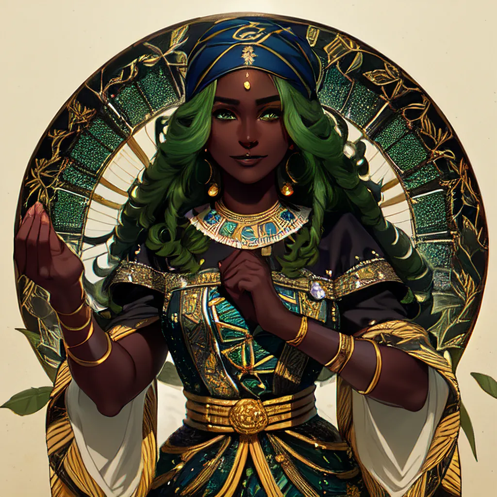 This image shows a woman of color with dark green hair and dark brown skin. She is wearing a golden headpiece and a green and gold outfit with lots of jewelry. She has a golden necklace with a green gem in the center, as well as several golden bracelets on her right arm. She is holding her hands in front of her chest and has a serious look on her face. She is standing in front of a large green and gold circular frame with leaves and vines on it.