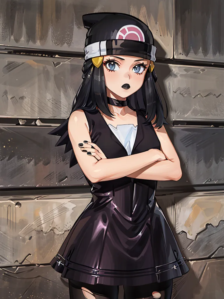 The image shows a young woman with black hair and blue eyes. She is wearing a black beanie with a white circle with a black line through it, a black choker, and a black dress with a white collar. She is also wearing black stockings and black boots. She has her arms crossed and is standing in front of a stone wall.