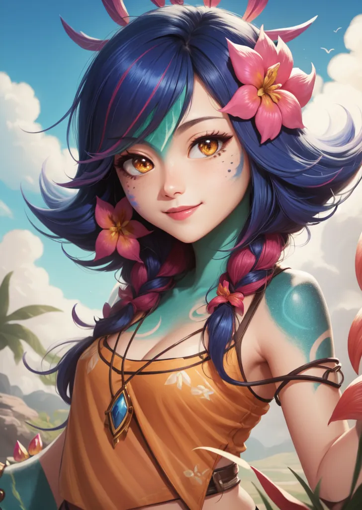 This is an image of a young woman with blue hair and yellow eyes. She is wearing an orange top and has flowers in her hair. She is standing in front of a blue sky with white clouds. She has a friendly expression on her face.