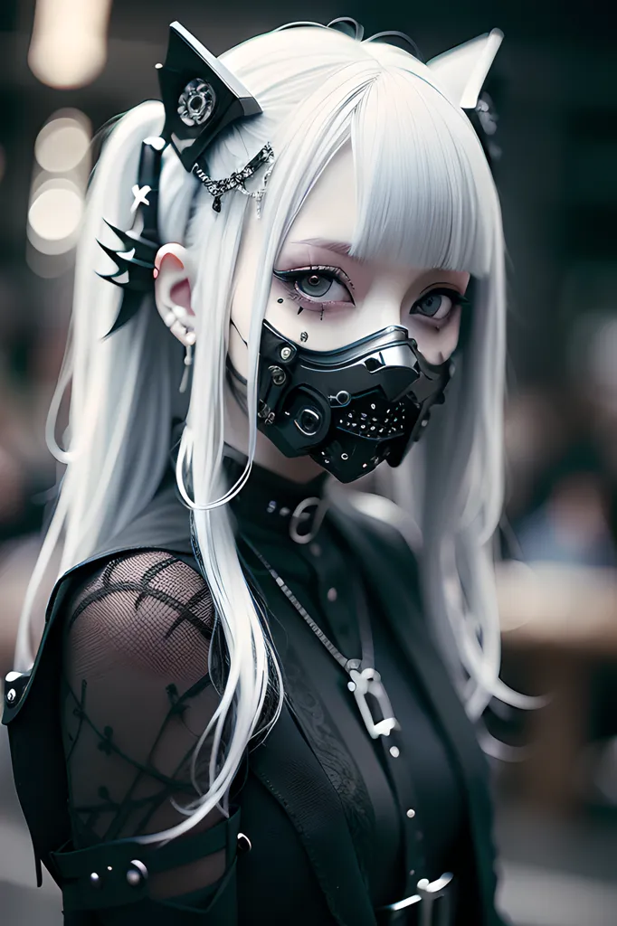 The image is a portrait of a young woman with white hair and cat ears. She is wearing a black mask, a black and gray outfit, and has a chain around her neck. The background is blurred and there are some small, bright lights in the background.