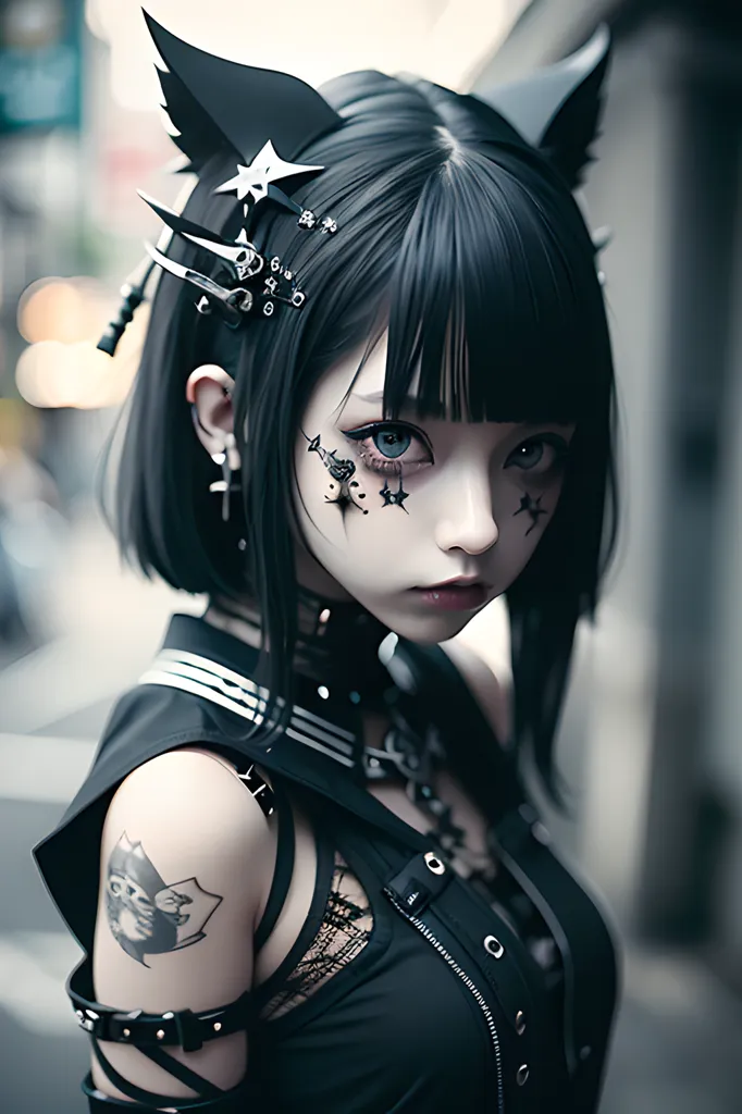 The picture shows a young woman with an urban, futuristic style. She has short black hair with blue highlights and cat ears. Her right eye is blue and her left eye is yellow. She is wearing a black outfit with a white collar and a black choker with a heart-shaped pendant. She also has a tattoo on her right arm. The background is blurred, but it looks like she is in a city.