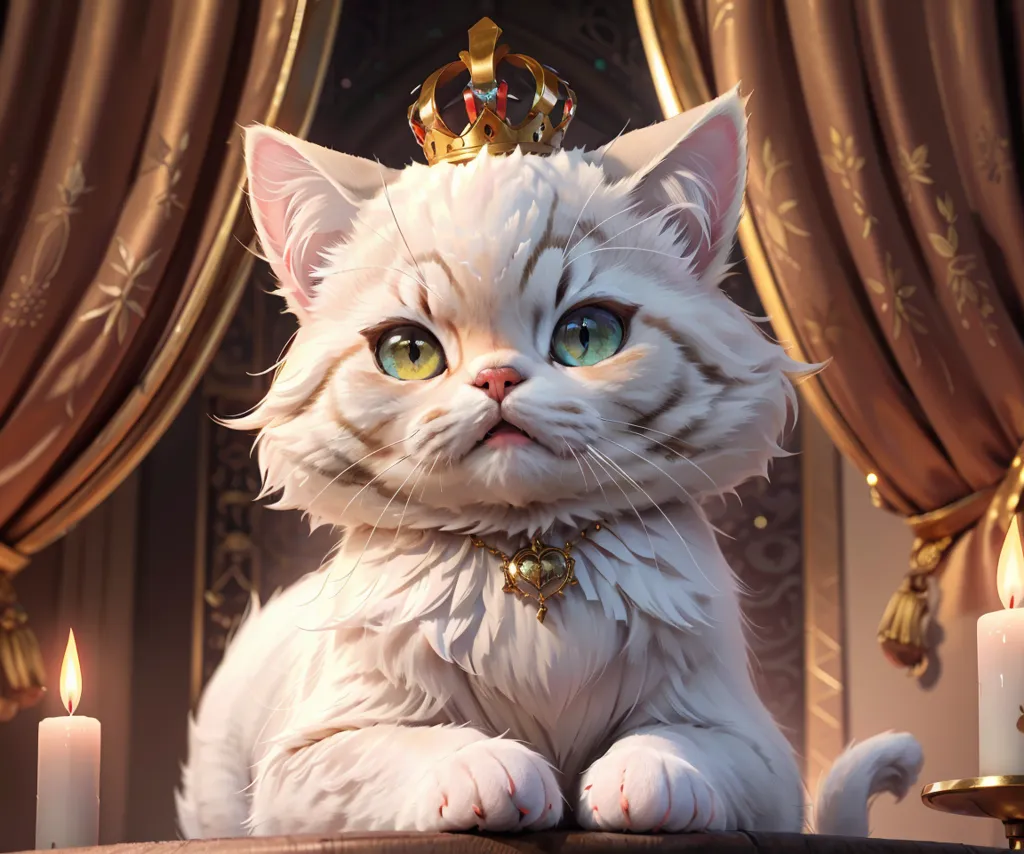 This is a picture of a white cat wearing a gold crown and a heart-shaped necklace with a gold chain. The cat is sitting on a brown table in front of a brown curtain with gold accents. There are two lit candles on the table. The cat has green eyes and is looking at the viewer.