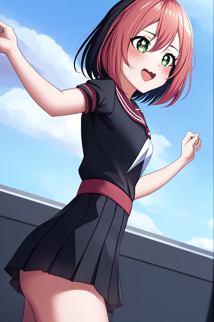 The image shows a young woman with red and black hair. She is wearing a black and red sailor-style school uniform with a pleated skirt. She is standing on a rooftop, with a bright blue sky and white clouds behind her. She has a happy expression on her face and is looking at the viewer with her green eyes.