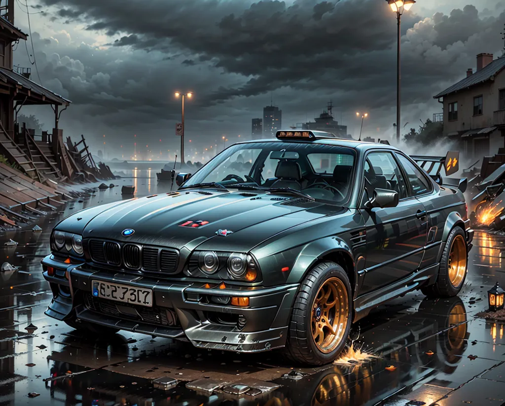 The image is a dark and moody render of a BMW E30 M3. The car is sitting on a wet road in front of a ruined building. The car is black and has a wide body kit. The wheels are gold and the headlights are on. The background is a dark sky with a few stars. The image is very detailed and the car looks very realistic.