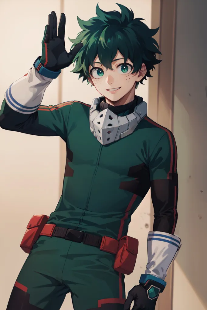 The image shows a young man with green hair and eyes. He is wearing a green and white jumpsuit with a red belt and black gloves. He has a white mask around his neck and is waving with his right hand. He is standing in front of a white background with a door on the right.