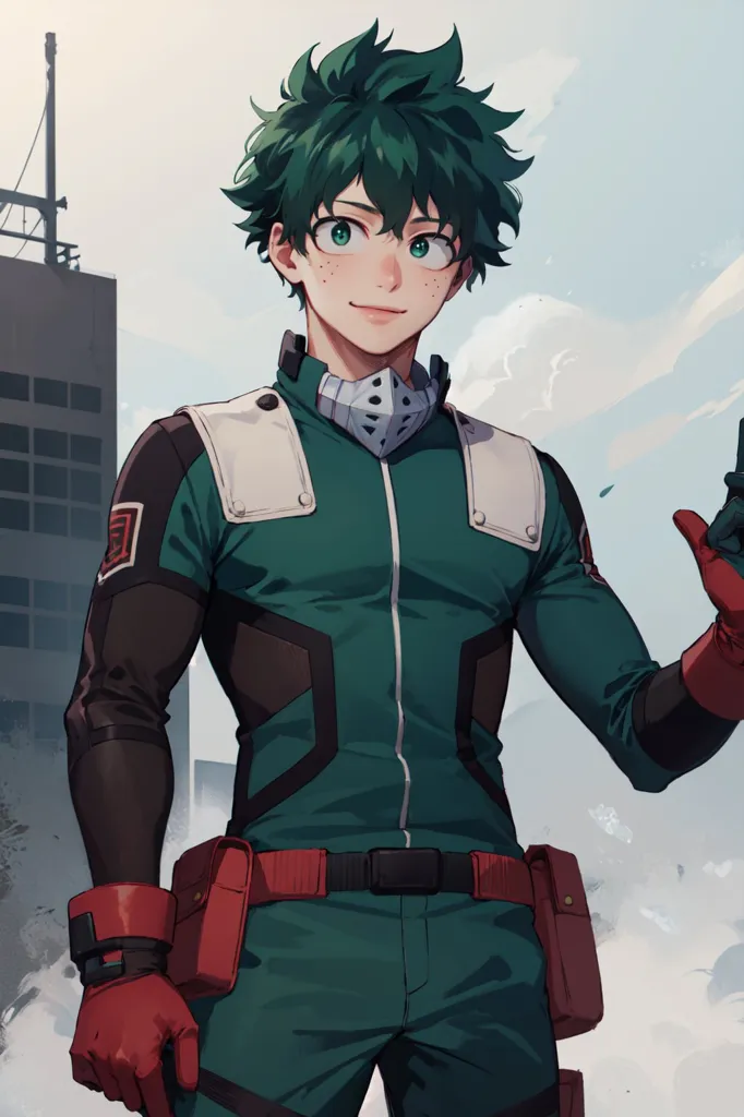 The image shows a young man with green hair and eyes. He is wearing a green and white jumpsuit with a red belt and a white mask around his neck. He is also wearing a pair of red gloves. He is standing in front of a city skyline.