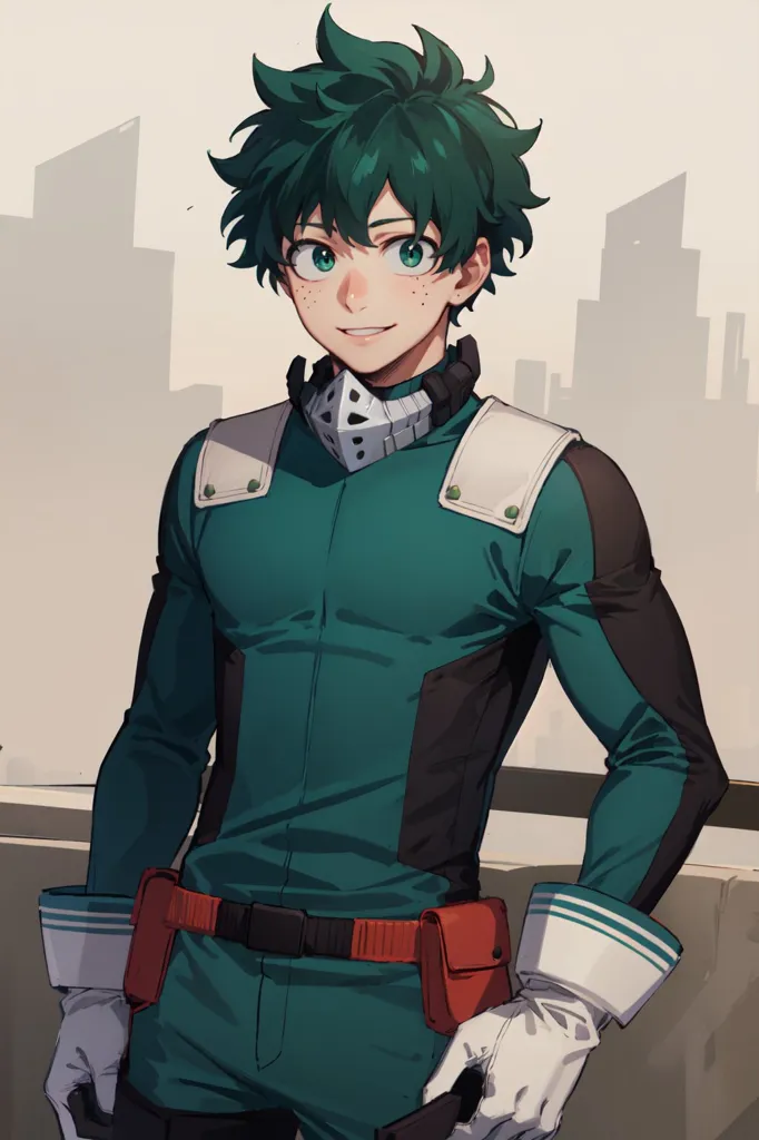 The image shows a young man with green hair and eyes. He is wearing a green and white jumpsuit with a red belt. He also has a white mask around his neck. He is standing on a rooftop with a city in the background. The image is drawn in a realistic style and the colors are vibrant.