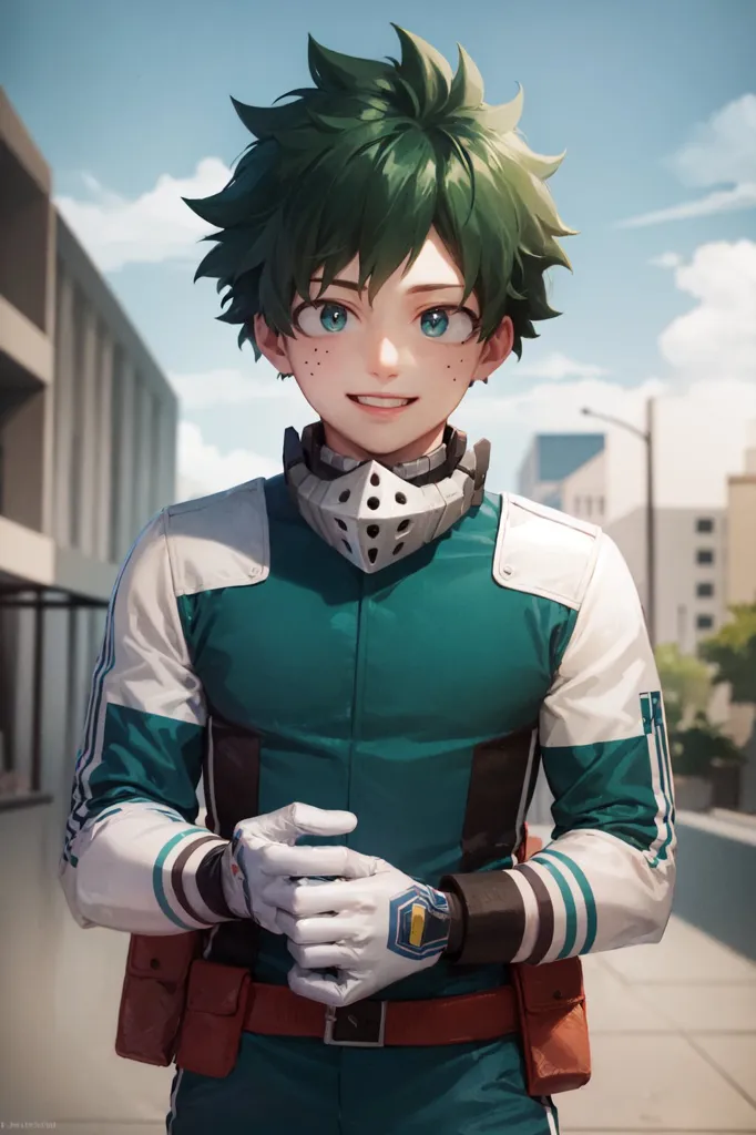 The image shows a young man with green hair and eyes. He is wearing a white and green tracksuit with a mask around his neck. He has a determined look on his face and seems to be ready for action. The background is a blurred city street with a few buildings and trees visible.