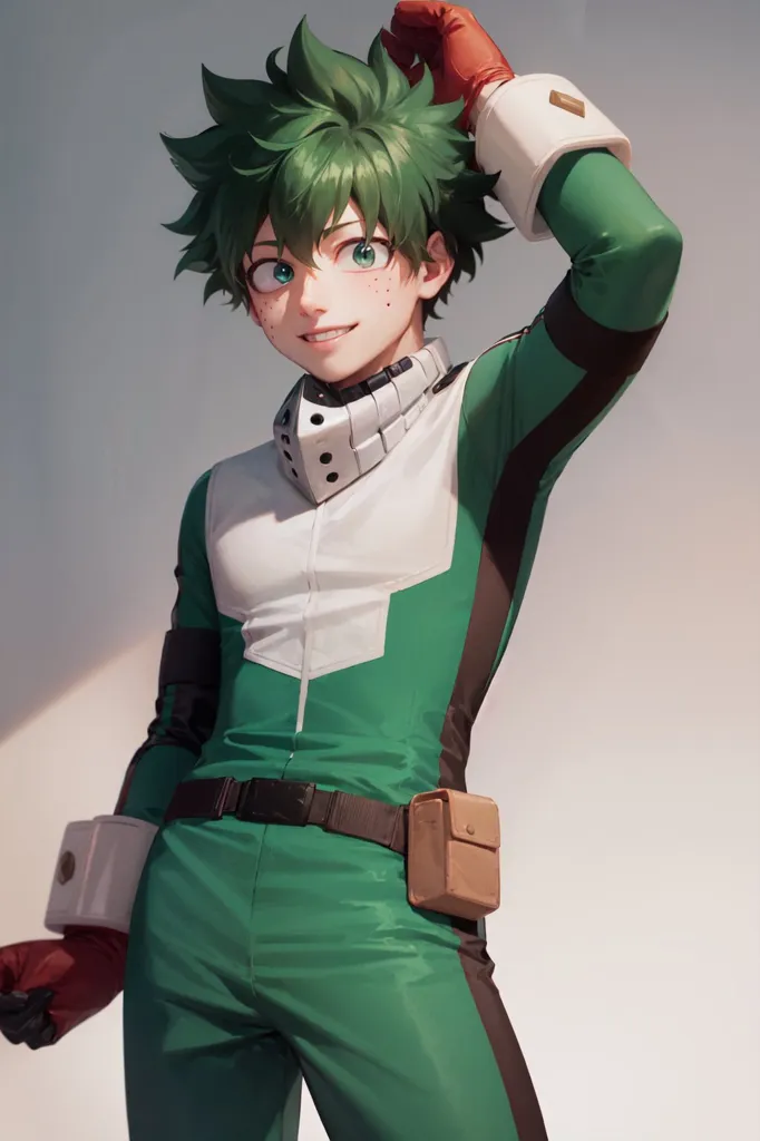 The image is of a young man with green hair and eyes. He is wearing a green and white jumpsuit with a white belt and brown pouch. He is also wearing red gloves and boots. He has a confident smile on his face and is scratching his head with one hand. The background is a light gray color.