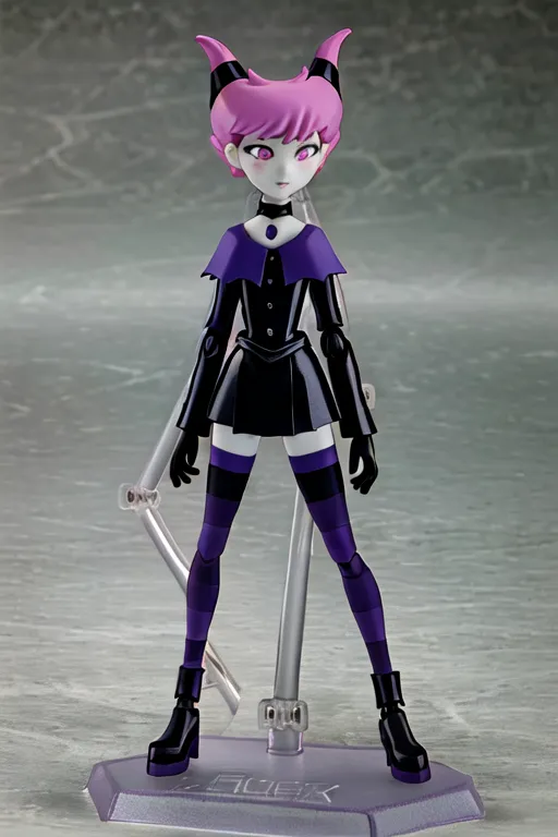 La imagen muestra una figurita de Jinx de la serie animada Teen Titans. Ella está usando su atuendo clásico de la serie, que consiste en un vestido negro y morado con un cuello blanco, medias moradas y botas negras. También tiene su cabello rosa característico y ojos verdes. La figurita está parada sobre un soporte de plástico transparente y está en una pose dinámica, lista para pelear.