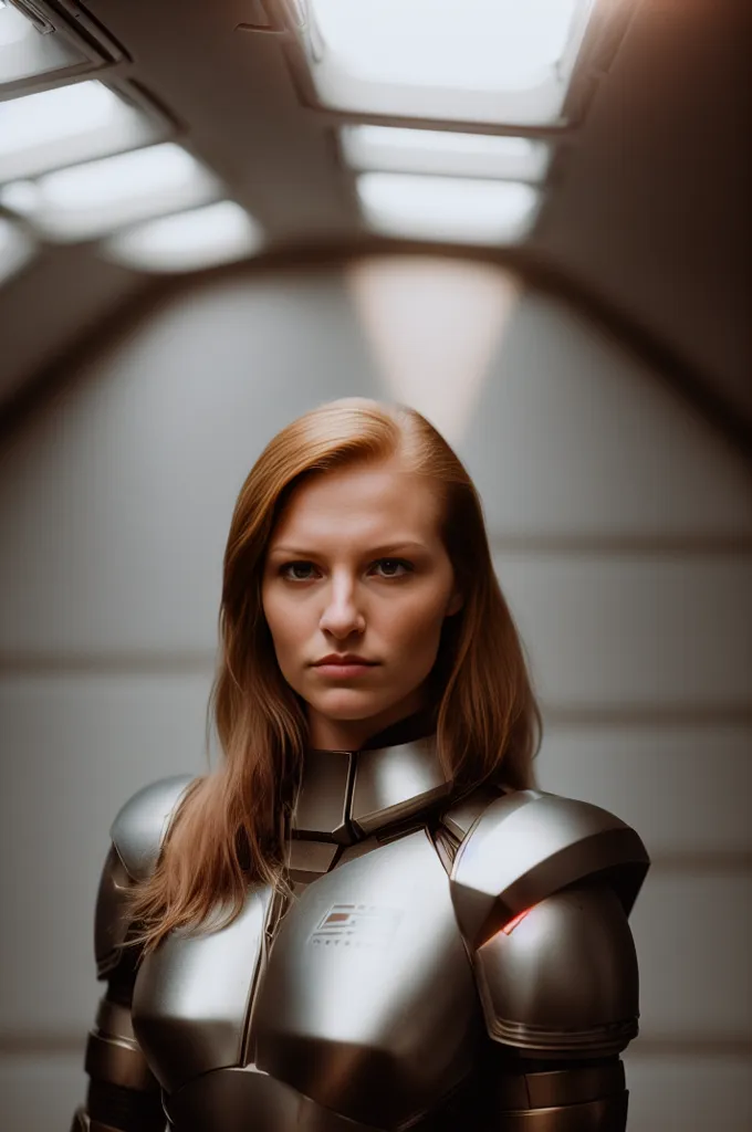 Une jeune femme aux longs cheveux blonds porte une armure en métal argenté. Elle regarde la caméra avec une expression sérieuse. Il y a trois lumières vives au plafond au-dessus d'elle. L'arrière-plan est un mur gris avec un plafond incurvé.