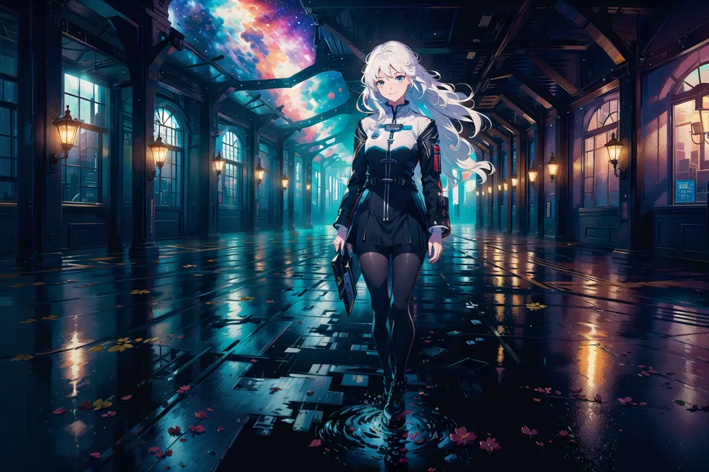 The image is an anime-style illustration of a young woman walking down a city street. She is wearing a black and white uniform and has long white hair. The street is made of stone and is lit by street lamps. The sky is dark and there are stars and a nebula in the sky.