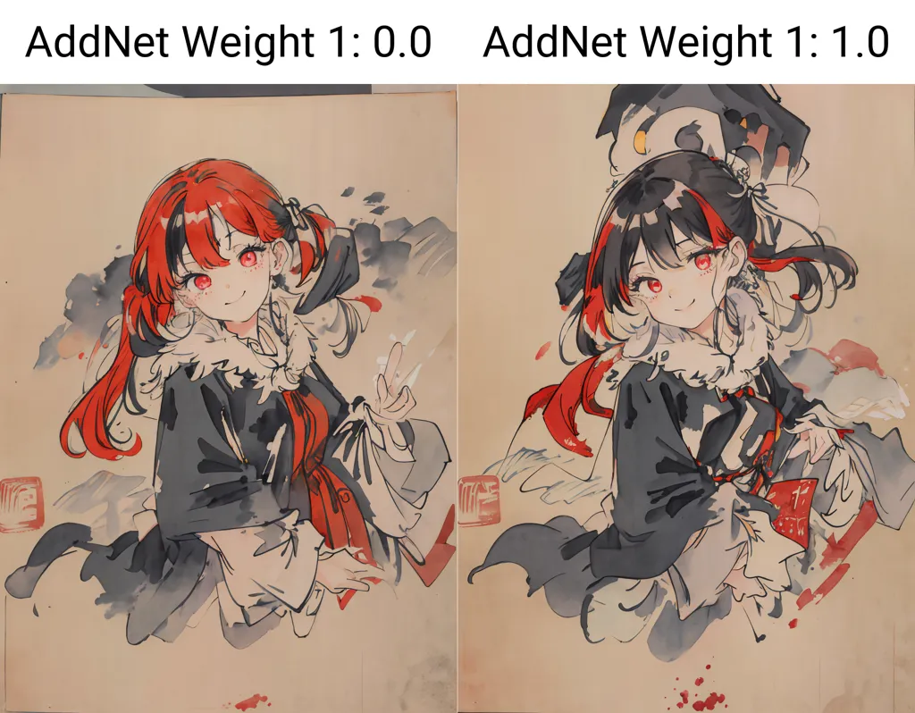 The image shows a comparison between two images of an anime girl with red and black hair. The left image has the AddNet weight set to 0.0, while the right image has the AddNet weight set to 1.0. The AddNet weight controls the strength of the neural network's attention to the original image. A value of 0.0 means that the neural network will not pay any attention to the original image, while a value of 1.0 means that the neural network will pay full attention to the original image. In this case, we can see that the image on the left has a more painterly look, while the image on the right has a more realistic look. This is because the neural network has paid more attention to the original image in the right image, and has therefore been able to produce a more realistic image.