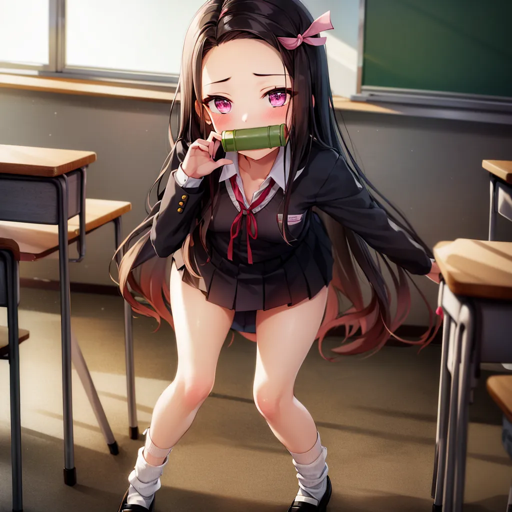 The image shows a young girl with long black hair and pink eyes. She is wearing a school uniform that consists of a black blazer, a white shirt, and a gray skirt. She is also wearing a pink bow in her hair and white socks and shoes. She is standing in a classroom, and there are empty desks and chairs around her. She is holding a bamboo stick in her mouth and looking at the viewer with a shy expression.