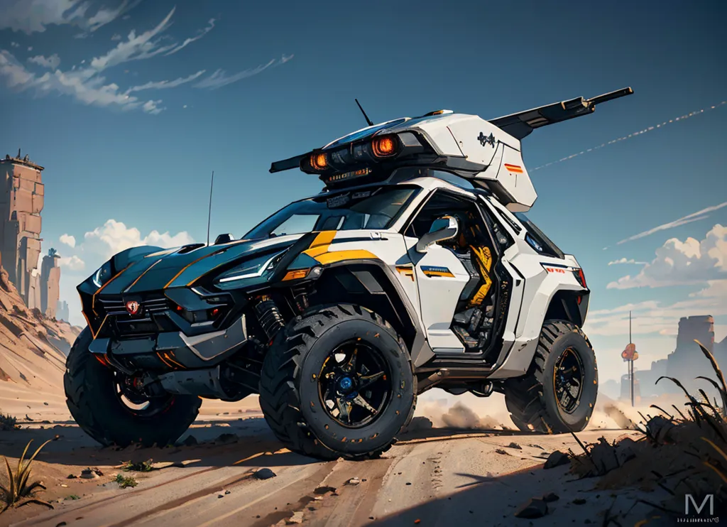 The image shows a futuristic car driving in a desert landscape. The car is white and blue with a large gun mounted on the roof. The car is also equipped with large wheels and a roof rack. The desert is sandy and there are large rock formations in the background. The sky is blue and there are some clouds in the distance.