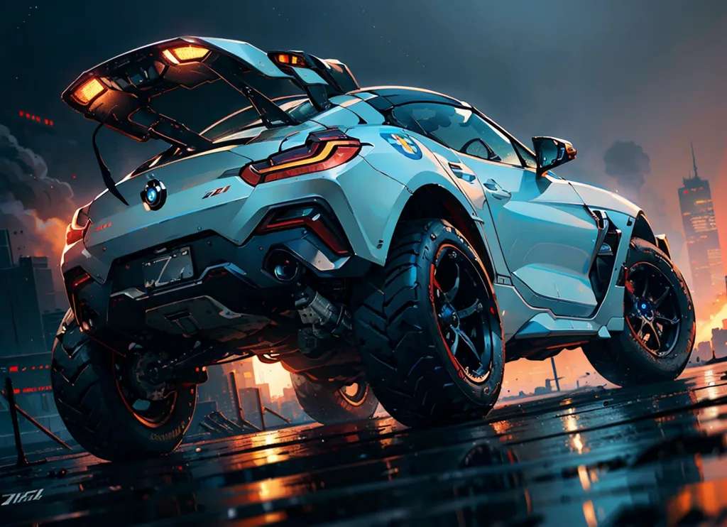 The image is a rendering of a BMW car, which has been modified to look like a futuristic off-road vehicle. The car is white and has a black hood. The car is also equipped with large off-road tires and a roof rack. The background of the image is a dark and stormy sky.