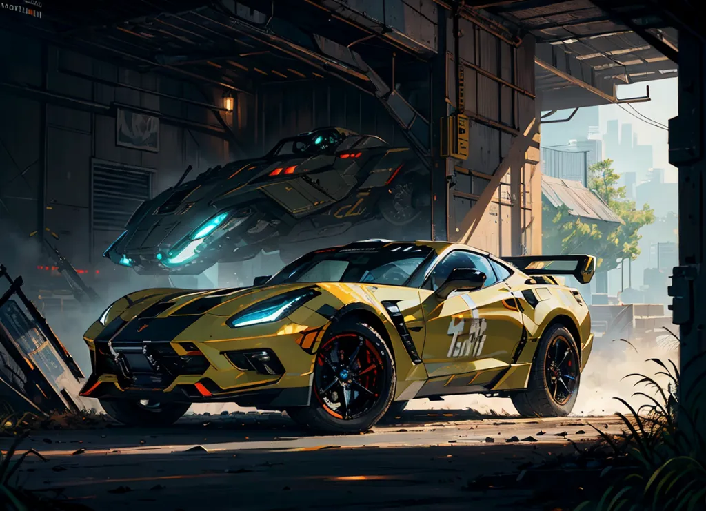 The image is a digital painting of a futuristic car. The car is a yellow Chevrolet Corvette with a black and yellow paint job. It has a large rear spoiler and a wide body kit. The car is parked in a dark garage with a concrete floor. There is a large window in the background of the garage that looks out onto a city. The city is full of tall buildings and skyscrapers. The sky is dark and cloudy.
