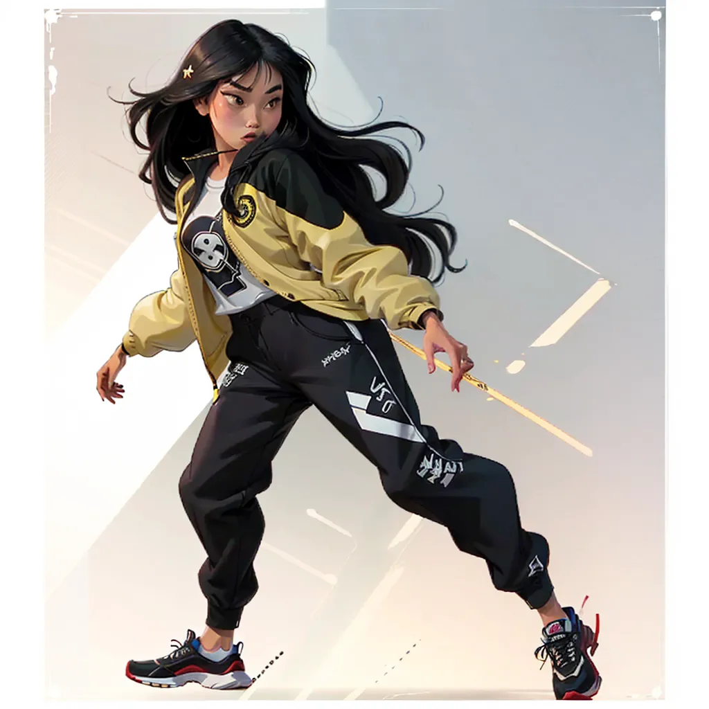 The image shows a young woman in a tracksuit. She has long black hair, brown eyes, and a fair complexion. She is wearing a white t-shirt, black pants, and yellow jacket. The jacket has a white and black striped collar. The pants have a white stripe down the side of the leg. She is wearing black sneakers with red and white soles. She is standing in a fighting stance, with her left foot forward and her right foot back. Her arms are raised in front of her, with her left hand in a fist and her right hand open. She has a determined expression on her face. The background is a gradient of light gray at the top to dark gray at the bottom.