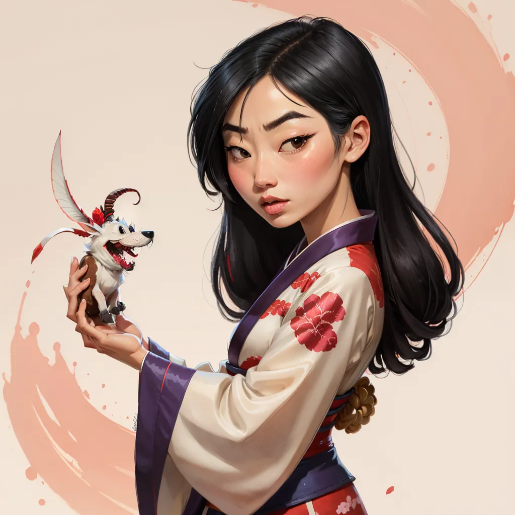 The image is of a young woman with long black hair. She is wearing a white and red kimono with a floral pattern. She has a gentle smile on her face and is looking at a small, white creature with wings that is sitting on her hand. The background is a light pink color.