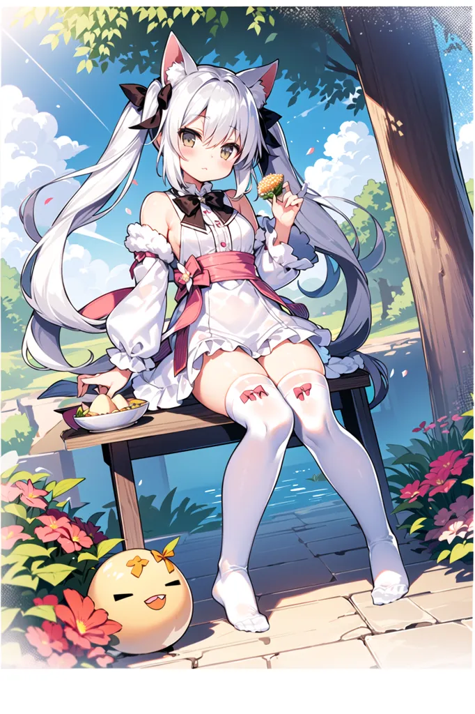 La imagen es de una chica de anime con el cabello blanco y orejas de gato. Ella está usando un vestido blanco con un lazo rosa y tiene una flor amarilla en su cabello. Está sentada en un banco en un jardín, comiendo un tazón de comida. Hay una pequeña criatura amarilla sentada a su lado. El fondo es un cielo azul con nubes blancas y árboles verdes.