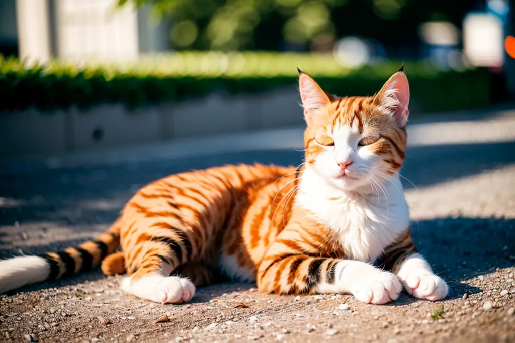 This is a picture of a cat lying on the ground. The cat is mostly white with some orange patches with black stripes. The cat's eyes are closed, and it looks like it is enjoying the sun. The background of the picture is blurry, but it looks like there are some plants and buildings in the distance.