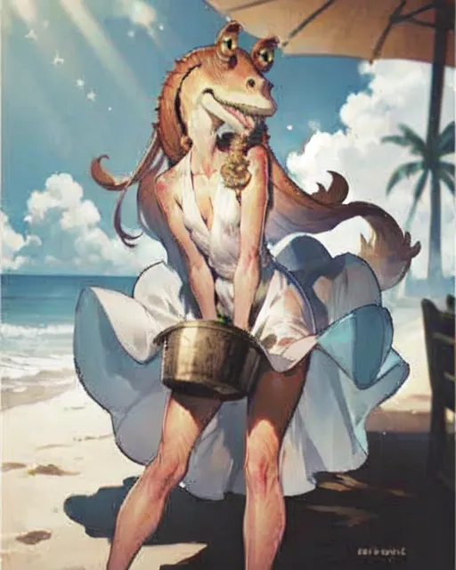 The image shows a humanoid figure with the head of a Gungan, a fictional species from the Star Wars universe. The Gungan is wearing a white dress and is standing on a beach, holding a silver cooking pot. The Gungan is depicted as having light brown skin and a feminine figure. The background of the image is a beach with palm trees and blue water.