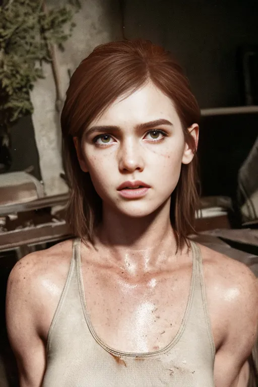 The image shows a young woman with short brown hair and green eyes. She is wearing a dirty white tank top and has a few freckles on her face. She is looking at the camera with a slightly worried expression. Her hair is wet and her face is sweaty, suggesting that she has been through something strenuous. The background is blurry, but it looks like there is a plant in the background.