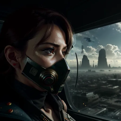 A young woman is sitting in the cockpit of a spaceship. She is wearing a mask and looking out the window at a cityscape. The city is in ruins and there are no people visible. The sky is dark and cloudy.