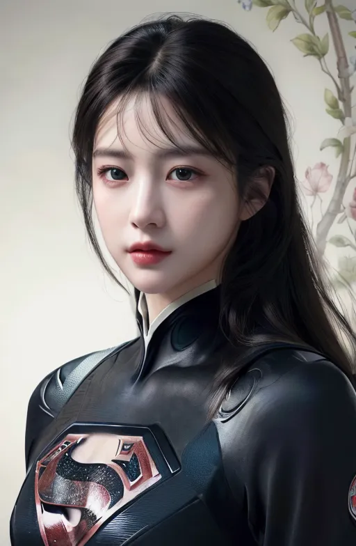 The picture shows a young Asian woman with long black hair and green eyes. She is wearing a black leather suit with a red and yellow symbol on the chest. The background is a white wall with a cherry blossom branch in the corner.