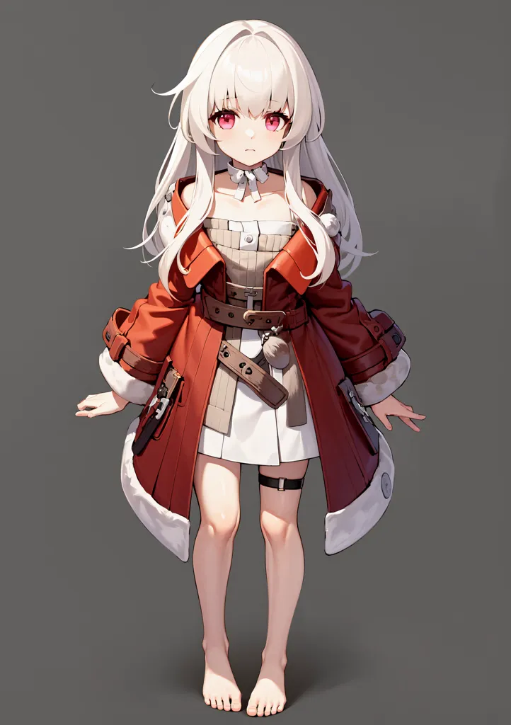 L'image représente une fille de style anime aux longs cheveux blancs et aux yeux rouges. Elle porte un manteau rouge et blanc avec une robe blanche en dessous. Elle porte également une ceinture marron avec un petit sac attaché. Elle est pieds nus et a une expression légèrement gênée sur le visage.