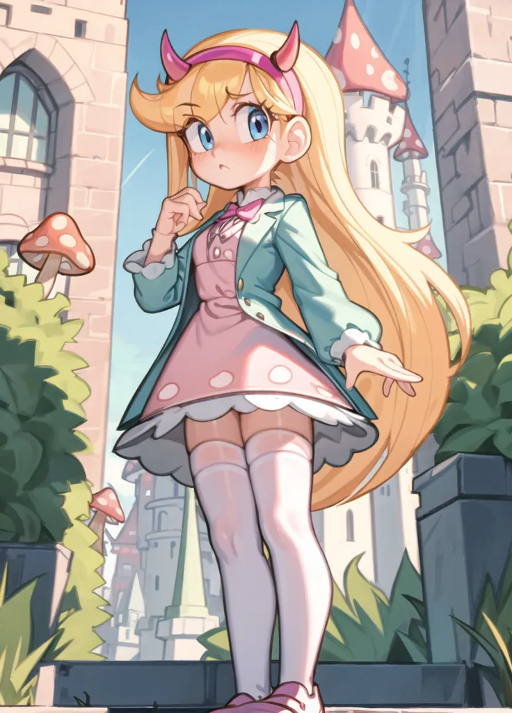 The image is of a young girl with long blond hair and blue eyes. She is wearing a pink dress with a white collar and a blue jacket. She also has on white stockings and pink shoes. She is standing in a garden, and there is a castle in the background. The girl is looking at a small red mushroom that is growing in front of her.