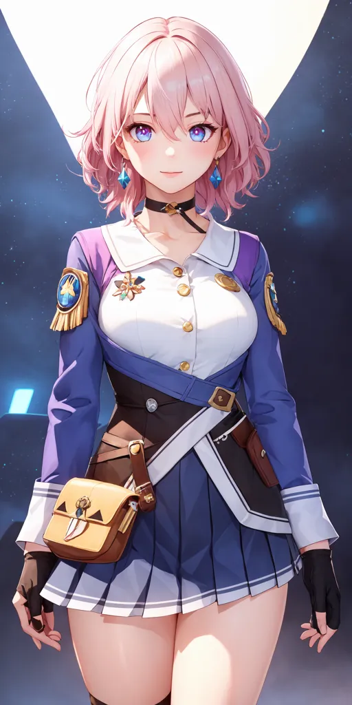 The image is an anime-style drawing of a young woman. She has pink hair and blue eyes, and is wearing a white and blue military-style outfit. She has a brown bag hanging from her right hip. She is standing in front of a large moon, with a starry night sky behind her.