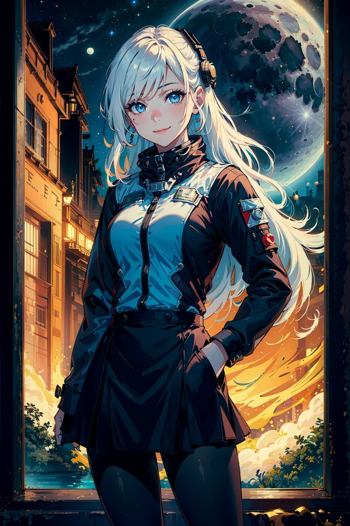 The image is a painting of a young woman standing in front of a window. She has long white hair, blue eyes, and is wearing a black and blue uniform. There is a large moon in the background and a cityscape in the distance. The painting is done in a realistic style and the woman's expression is one of calm confidence.