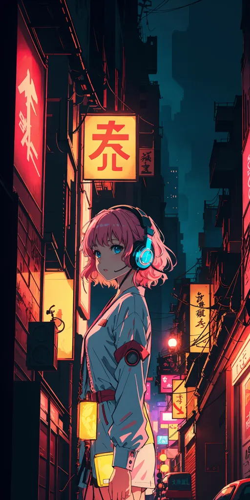 The image is a portrait of a young woman standing in a dark alleyway. She is wearing a white shirt, a black skirt, and a pair of headphones. Her pink hair is short and styled in a bob. She is looking at the viewer with a slightly puzzled expression. The background of the image is a blur of city lights.