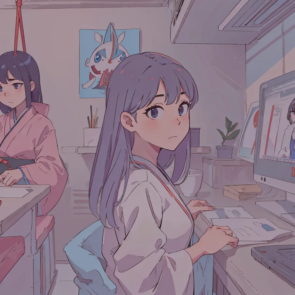 This is an image of a girl sitting at a desk in a room. The girl has long purple hair and is wearing a white shirt. She is looking at the computer screen. There is a plant on the desk, and a poster on the wall behind her. There is another girl standing behind her wearing a kimono.