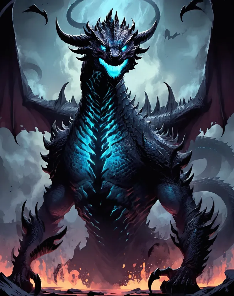 The dragon is a fearsome creature with a long, serpentine body, covered in black scales. It has a pair of large, powerful wings, and a long, spiked tail. The dragon's head is狰狞的, with a large mouth full of sharp teeth. Its eyes are a deep, piercing blue, and they glow with an inner fire. The dragon is standing on a pile of rocks, and it is surrounded by fire. The background is a dark, stormy sky.