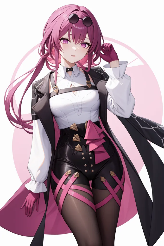 The image depicts an anime-style girl with pink hair and purple eyes. She is wearing a white and pink outfit with a black jacket. She is also wearing a pair of sunglasses and a pair of gloves. She has a confident expression on her face and is standing with one hand on her hip.