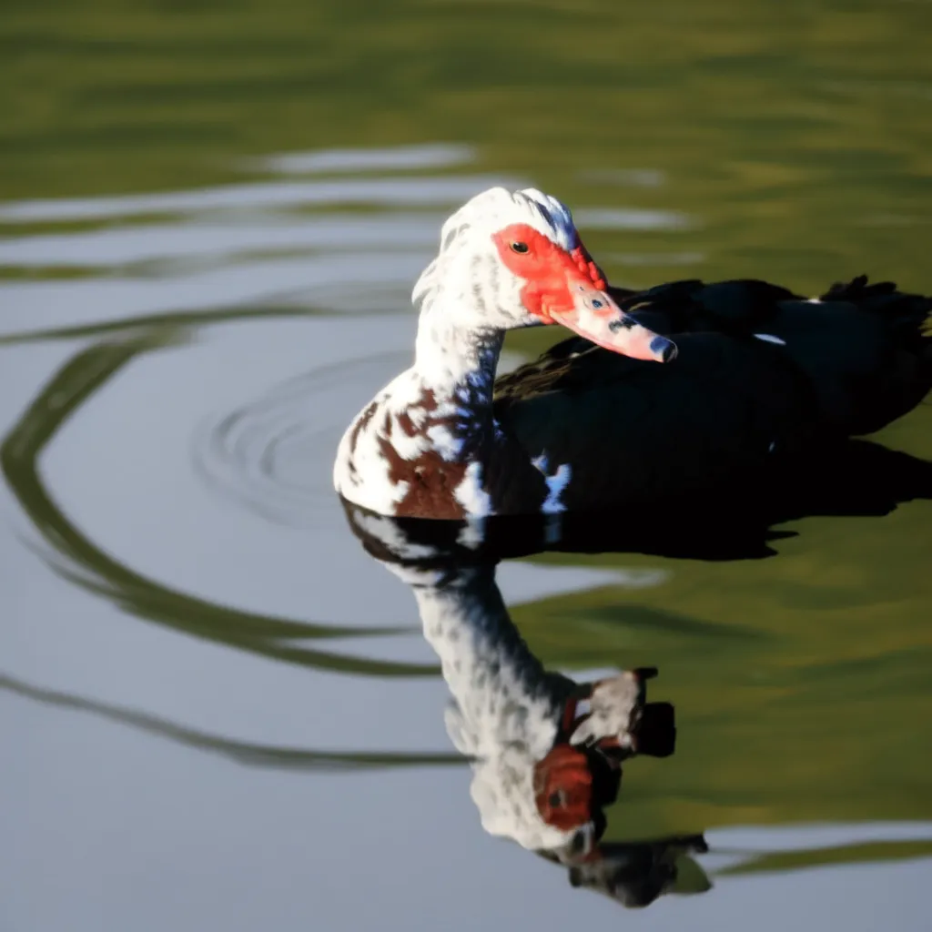 A Muscovy duck is pictured in the center of the frame. The duck is mostly black with a white belly and a red face. It is swimming in a lake with green water. The duck's reflection is visible in the water. The duck is looking to the right of the frame.