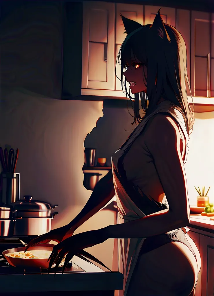 The picture shows a young woman with long black hair and cat ears cooking in a kitchen. She is wearing a white apron and a black tank top. She is stirring a pan of food with a wooden spoon. The kitchen is dimly lit, and the only other light comes from the stove. The woman is focused on her cooking, and she has a small smile on her face.