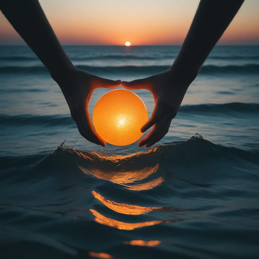 The setting sun is a glowing orange ball. A person's hands cradle the sun just above the surface of the water. The sun's reflection shimmers on the surface of the water. The sky is a deep blue. The waves are splashing gently on the shore.