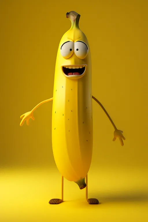 This is a 3D rendering of a banana. The banana is standing with its arms outstretched. It has a big smile on its face. It is yellow and has brown spots all over its body. The banana is standing on two brown feet. The background is yellow.