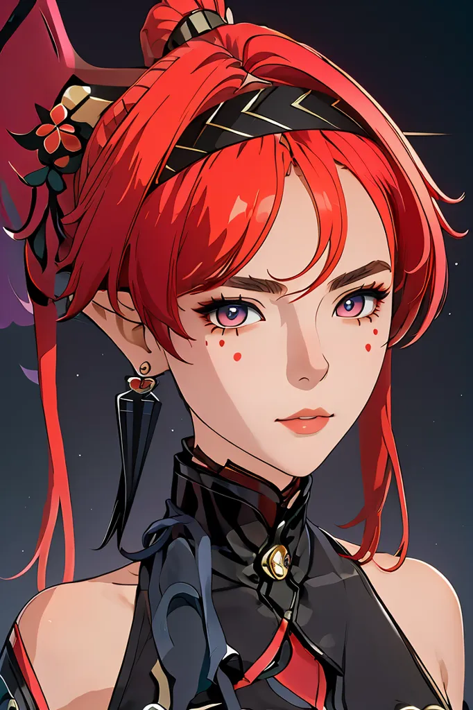 This is an image of a woman with red hair and red eyes. She is wearing a black and red dress with a high collar. The dress has gold trim and a red flower on the chest. She has a red and gold headband in her hair and a red earring in her left ear.