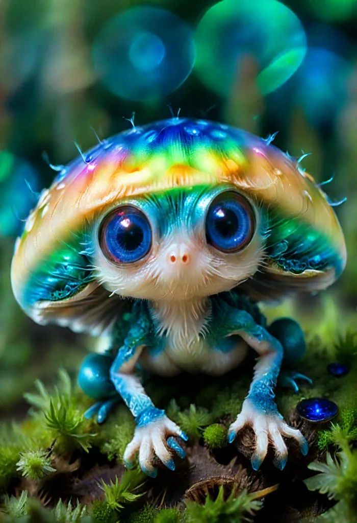 The image shows a small, colorful creature sitting on a bed of moss. The creature has a mushroom-shaped cap on its head, and its body is covered in iridescent scales. Its eyes are a deep blue, and its feet are tipped with sharp claws. The creature is surrounded by lush vegetation.