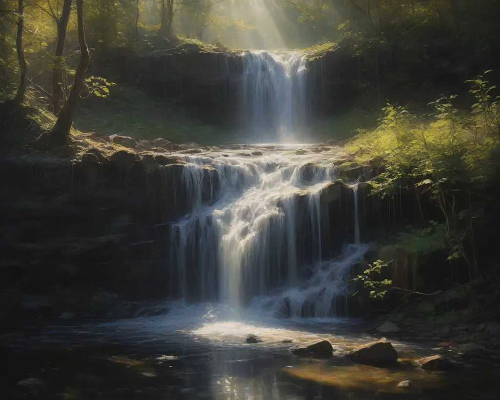 The waterfall is in a forest. The sun is shining through the trees. The water is falling from a high cliff. The waterfall is surrounded by green trees. The waterfall is very beautiful.