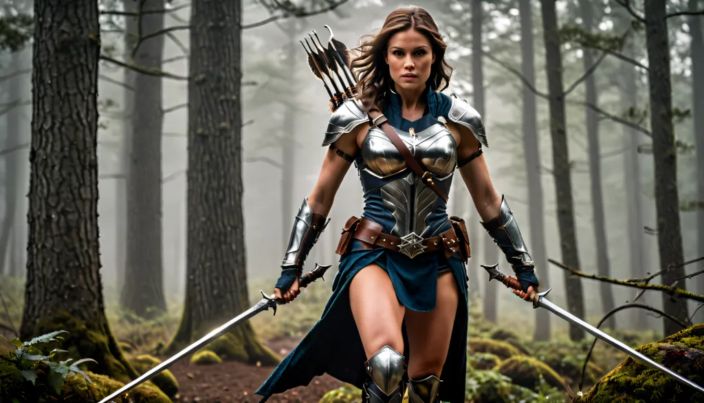 A female warrior is standing in a forest. She is wearing a metal breastplate and a blue skirt. She has a sword in each hand and a quiver of arrows on her back. She is looking at the viewer with a determined expression.