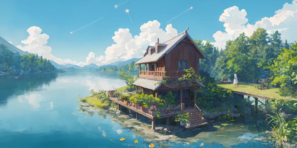 The image is a beautiful landscape of a house on a lake. The house is made of wood and has a large porch with a swing. There are trees and flowers all around the house. The lake is calm and blue, and there are mountains in the distance. The sky is blue and there are white clouds. There is a girl with a white dress standing on the dock near the house.