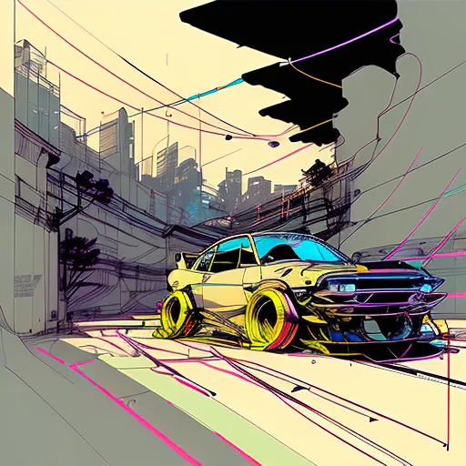 The image is a digital painting of a car. The car is a yellow and black muscle car with a large front spoiler and a rear spoiler. It is sitting on a road in the middle of a city. The city is made up of tall buildings and skyscrapers. The sky is a dark blue color. The image is drawn in a cartoon style, and the lines are very thick. The image is very colorful, and the colors are very bright.