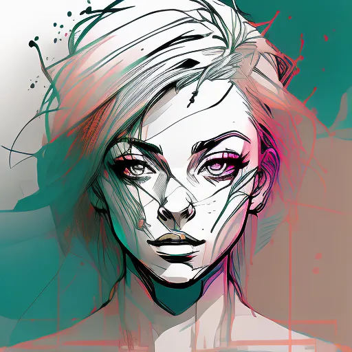 The image is a portrait of a young woman with short white hair and light pink eyes. She has a neutral expression on her face. The background is a light blue-green color. The image is drawn in a semi-realistic style, with some of the lines being visible.