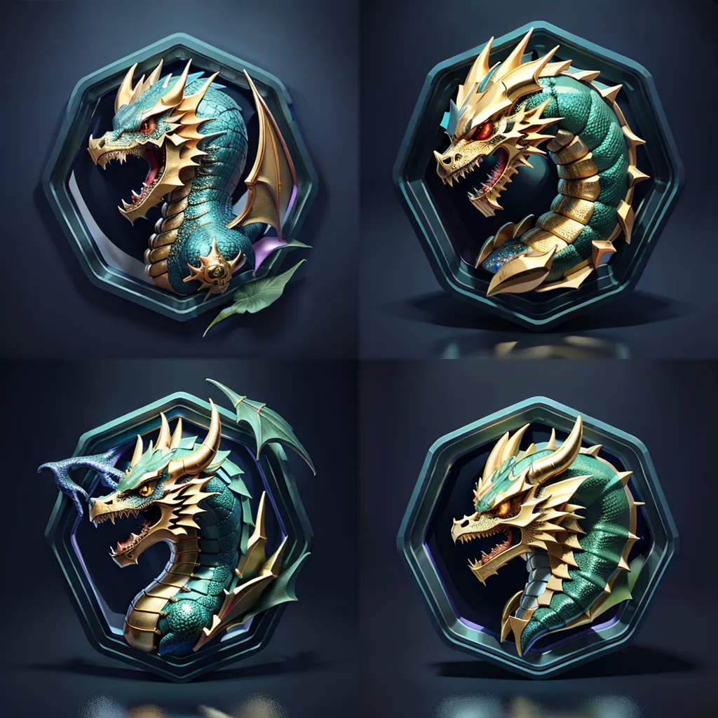 L'image montre quatre icônes différentes de têtes de dragon. Les dragons sont tous verts et dorés, avec des yeux de différentes couleurs. Ils font tous face au spectateur et ont la bouche ouverte, montrant leurs dents acérées. Les dragons sont entourés d'un cadre doré à six côtés. Le fond est bleu foncé.